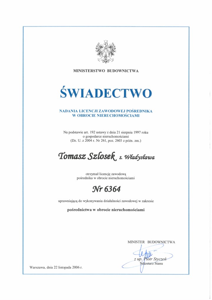 Licencja pośrednika w obrocie nieruchomościami Tomasz Szlosek