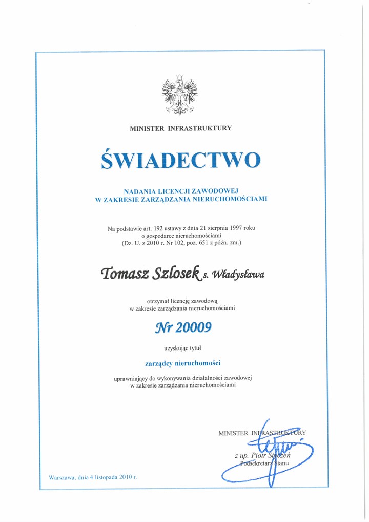 Licencja zarządcy nieruchomości Tomasz Szlosek