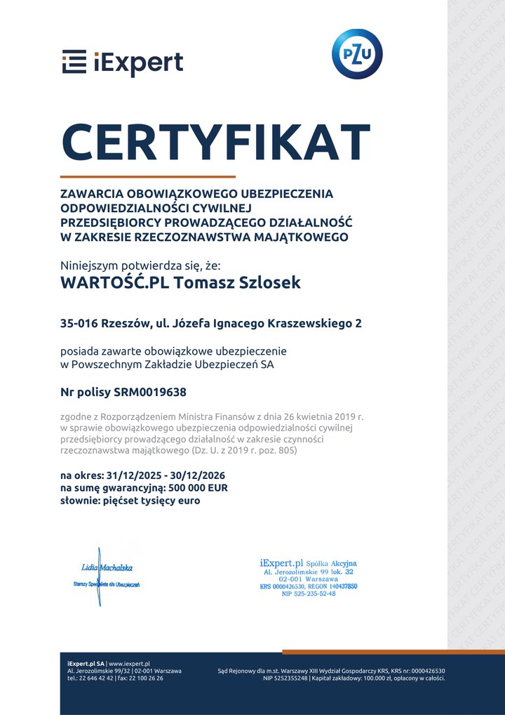Certyfikat ubezpieczenia OC rzeczoznawcy majątkowego 2026