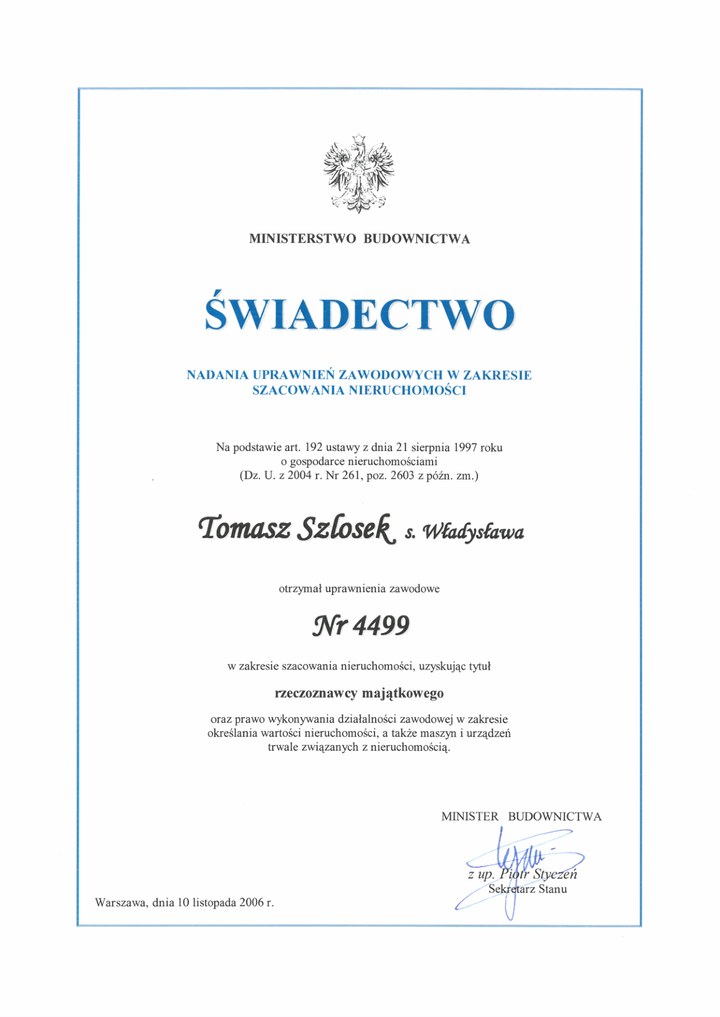 Uprawnienia rzeczoznawcy majątkowego Tomasz Szlosek